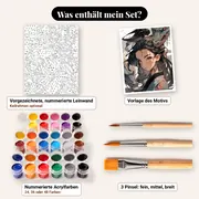 Malen nach Zahlen Manga-Mädchen im Kimono und wassergrüner Drache – Set-Inhalt: vorgezeichnete Leinwand, Farben, Pinsel