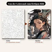 Malen nach Zahlen Manga-Mädchen im Kimono und wassergrüner Drache – vorher und nachher: vorgezeichnete Leinwand und fertiges Gemälde