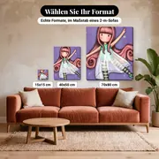 Malen nach Zahlen Gorjuss Ballerina mit rosa Haaren – verfügbare Formate im Größenvergleich zu einem Sofa
