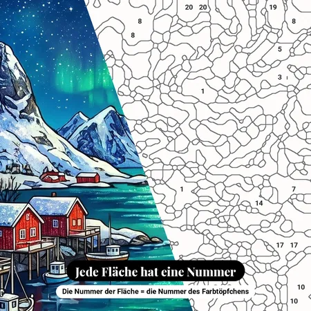 Malen nach Zahlen norwegisches Dorf unter Polarlicht – nummerierte Leinwand zum Malen