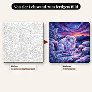 Malen nach Zahlen weißer Hase im Schnee – vorher und nachher: vorgezeichnete Leinwand und fertiges Gemälde