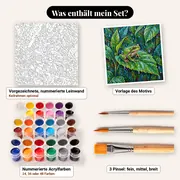 Malen nach Zahlen grüner Frosch auf einem Blatt im Regen – Set-Inhalt: vorgezeichnete Leinwand, Farben, Pinsel