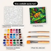 Malen nach Zahlen goldener Frosch auf tropischem Blatt – Set-Inhalt: vorgezeichnete Leinwand, Farben, Pinsel