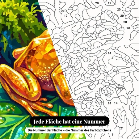 Malen nach Zahlen goldener Frosch auf tropischem Blatt – nummerierte Leinwand zum Malen