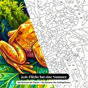 Malen nach Zahlen goldener Frosch auf tropischem Blatt – Nahaufnahme der nummerierten Leinwand