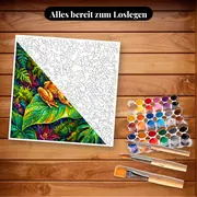 Malen nach Zahlen goldener Frosch auf tropischem Blatt – Set bereit zum Loslegen auf dem Tisch