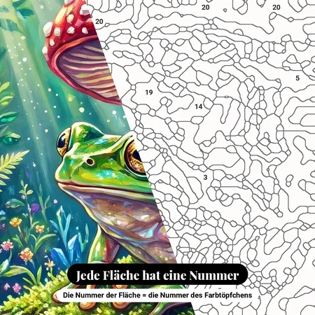 Malen nach Zahlen grüner Frosch unter einem roten Pilz – nummerierte Leinwand zum Malen