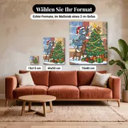 Malen nach Zahlen Tom und Jerry beim Schmücken eines Weihnachtsbaums – verfügbare Formate im Größenvergleich zu einem Sofa