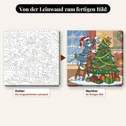 Malen nach Zahlen Tom und Jerry beim Schmücken eines Weihnachtsbaums – vorher und nachher: vorgezeichnete Leinwand und fertiges Gemälde