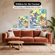 Malen nach Zahlen Tom und Jerry und der Kuchen in der Küche – verfügbare Formate im Größenvergleich zu einem Sofa