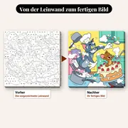 Malen nach Zahlen Tom und Jerry und der Kuchen in der Küche – vorher und nachher: vorgezeichnete Leinwand und fertiges Gemälde