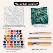 Malen nach Zahlen Chamäleon auf einem Monstera-Blatt – Set-Inhalt: vorgezeichnete Leinwand, Farben, Pinsel
