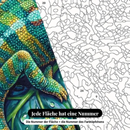 Malen nach Zahlen Chamäleon auf einem Monstera-Blatt – nummerierte Leinwand zum Malen