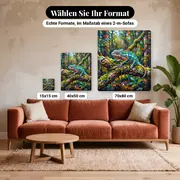 Malen nach Zahlen buntes Chamäleon auf Ast – verfügbare Formate im Größenvergleich zu einem Sofa