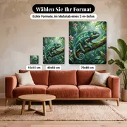 Malen nach Zahlen Chamäleon auf einem Ast im Regen – verfügbare Formate im Größenvergleich zu einem Sofa