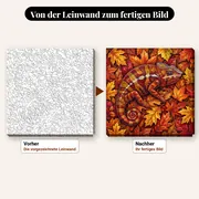 Malen nach Zahlen Chamäleon auf Herbstblättern – vorher und nachher: vorgezeichnete Leinwand und fertiges Gemälde