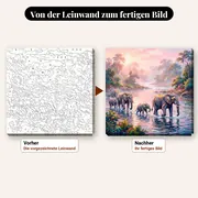Malen nach Zahlen Elefantenherde in einem Fluss – vorher und nachher: vorgezeichnete Leinwand und fertiges Gemälde