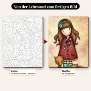 Malen nach Zahlen Gorjuss Mädchen mit zwei Füchsen – vorher und nachher: vorgezeichnete Leinwand und fertiges Gemälde