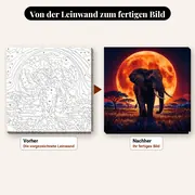 Malen nach Zahlen Elefant vor orangefarbenem Mond – vorher und nachher: vorgezeichnete Leinwand und fertiges Gemälde