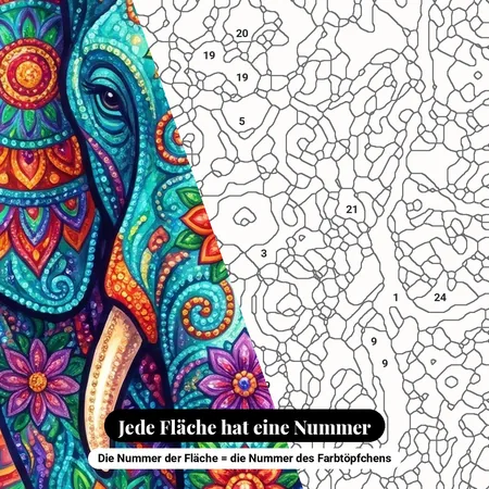 Malen nach Zahlen Elefant mit Mandala und bunten Blumen – nummerierte Leinwand zum Malen