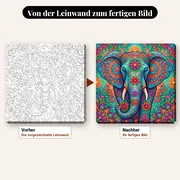 Malen nach Zahlen Elefant mit Mandala und bunten Blumen – vorher und nachher: vorgezeichnete Leinwand und fertiges Gemälde
