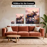 Malen nach Zahlen Waldtiere: Bunter Elch im Sumpf, geometrisch – verfügbare Formate im Größenvergleich zu einem Sofa