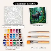 Malen nach Zahlen Elch im Regen im Wald – Set-Inhalt: vorgezeichnete Leinwand, Farben, Pinsel