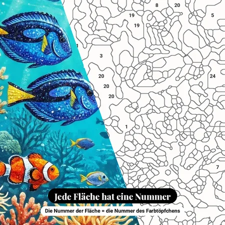 Malen nach Zahlen Unterwasserwelt: Tropische Fische am Korallenriff – nummerierte Leinwand zum Malen
