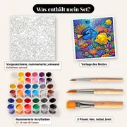 Malen nach Zahlen Tropische Fische als Mosaik im Glasmalerei-Stil – Set-Inhalt: vorgezeichnete Leinwand, Farben, Pinsel