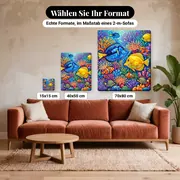 Malen nach Zahlen Tropische Fische als Mosaik im Glasmalerei-Stil – verfügbare Formate im Größenvergleich zu einem Sofa