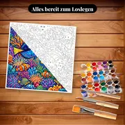 Malen nach Zahlen Tropische Fische als Mosaik im Glasmalerei-Stil – Set bereit zum Loslegen auf dem Tisch