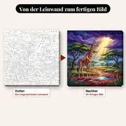Malen nach Zahlen Giraffe im Regen mit Sonnenstrahl – vorher und nachher: vorgezeichnete Leinwand und fertiges Gemälde