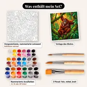 Malen nach Zahlen Affe: Orang-Utan Mutter und Baby im Dschungel – Set-Inhalt: vorgezeichnete Leinwand, Farben, Pinsel