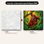 Malen nach Zahlen Affe: Orang-Utan Mutter und Baby im Dschungel – vorher und nachher: vorgezeichnete Leinwand und fertiges Gemälde