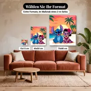 Malen nach Zahlen Stitch und Lilo am Strand – verfügbare Formate im Größenvergleich zu einem Sofa