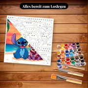Malen nach Zahlen Stitch und Lilo am Strand – Set bereit zum Loslegen auf dem Tisch