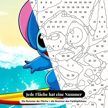 Malen nach Zahlen Stitch beim Surfen auf einer türkisfarbenen Welle – nummerierte Leinwand zum Malen