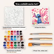 Malen nach Zahlen Stitch und Angel auf cremefarbenem Hintergrund mit Herzen – Set-Inhalt: vorgezeichnete Leinwand, Farben, Pinsel