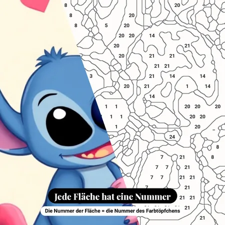 Malen nach Zahlen Stitch und Angel auf cremefarbenem Hintergrund mit Herzen – nummerierte Leinwand zum Malen