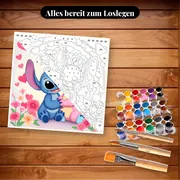 Malen nach Zahlen Stitch und Angel auf cremefarbenem Hintergrund mit Herzen – Set bereit zum Loslegen auf dem Tisch