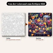 Malen nach Zahlen Cocktailtisch mit Gläsern und Früchten – vorher und nachher: vorgezeichnete Leinwand und fertiges Gemälde