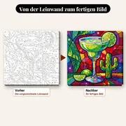 Malen nach Zahlen Margarita Kaktus im Glasmalerei-Stil – vorher und nachher: vorgezeichnete Leinwand und fertiges Gemälde
