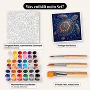Malen nach Zahlen Meeresschildkröte mit goldenem Mandala-Panzer – Set-Inhalt: vorgezeichnete Leinwand, Farben, Pinsel