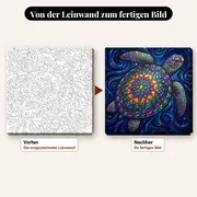 Malen nach Zahlen Meeresschildkröte mit goldenem Mandala-Panzer – vorher und nachher: vorgezeichnete Leinwand und fertiges Gemälde