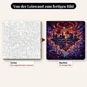 Malen nach Zahlen umgekehrtes schwebendes Dorf unter kosmischem Himmel – vorher und nachher: vorgezeichnete Leinwand und fertiges Gemälde