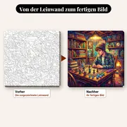 Malen nach Zahlen Jugendlicher beim Rollenspiel – vorher und nachher: vorgezeichnete Leinwand und fertiges Gemälde