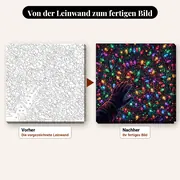 Malen nach Zahlen Hand und Lichterkette – vorher und nachher: vorgezeichnete Leinwand und fertiges Gemälde