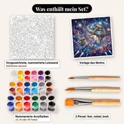 Malen nach Zahlen Galaxieflotte und Raumstation – Set-Inhalt: vorgezeichnete Leinwand, Farben, Pinsel
