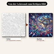 Malen nach Zahlen Galaxieflotte und Raumstation – vorher und nachher: vorgezeichnete Leinwand und fertiges Gemälde