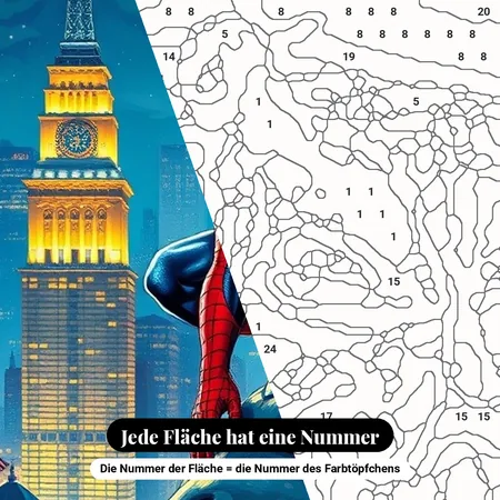 Malen nach Zahlen Spider-Man auf einem Wasserspeier bei Nacht – nummerierte Leinwand zum Malen